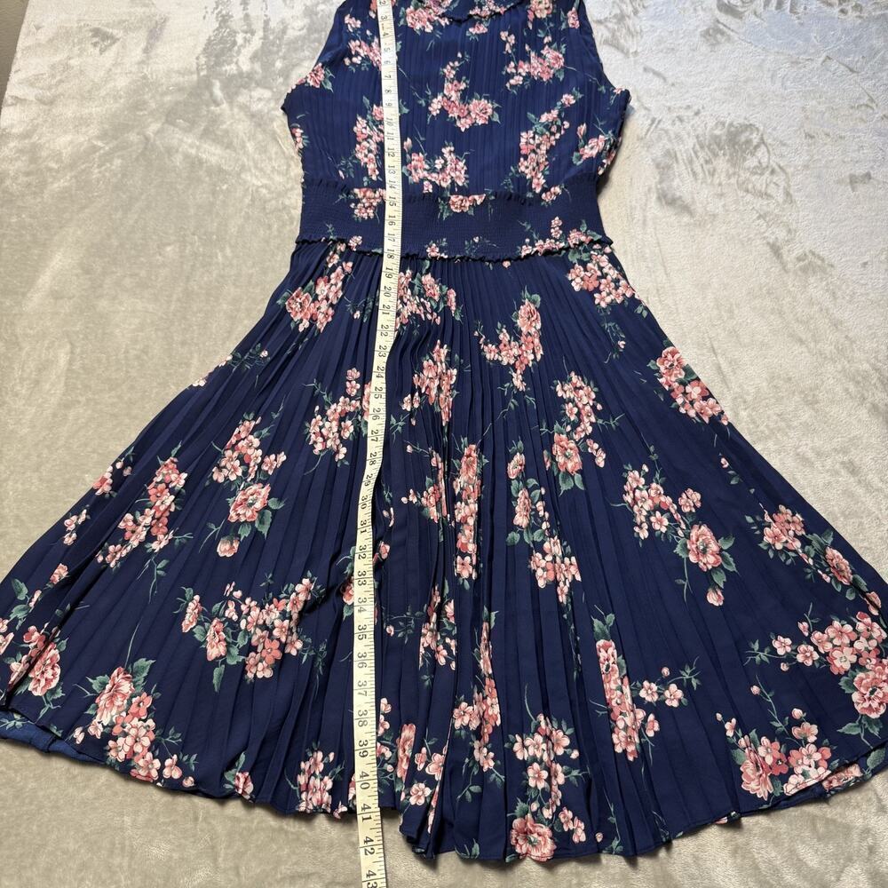 Nanette Lepore Cocktail Dress Navy Pink Floral Pleated Smocked Waist Size 12 - Picture 4 of 9